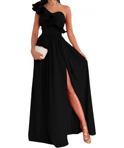 Women's One Shoulder Ruffle High Split Sleeveless Sexy Party Cocktail Long Maxi Dress Black $24.83 Dresses