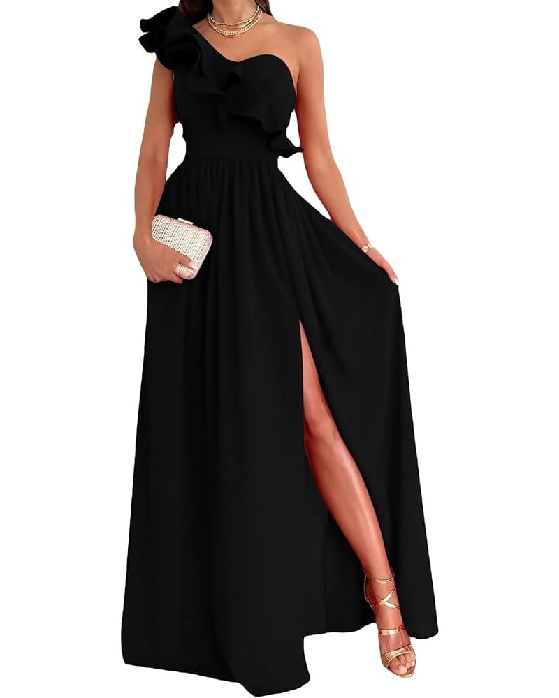 Women's One Shoulder Ruffle High Split Sleeveless Sexy Party Cocktail Long Maxi Dress Black $24.83 Dresses