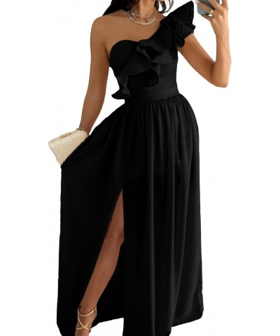 Women's One Shoulder Ruffle High Split Sleeveless Sexy Party Cocktail Long Maxi Dress Black $24.83 Dresses