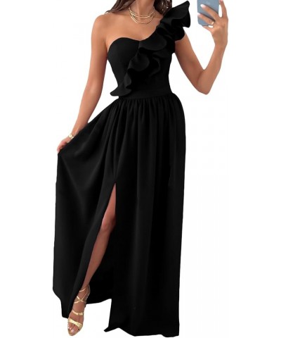 Women's One Shoulder Ruffle High Split Sleeveless Sexy Party Cocktail Long Maxi Dress Black $24.83 Dresses