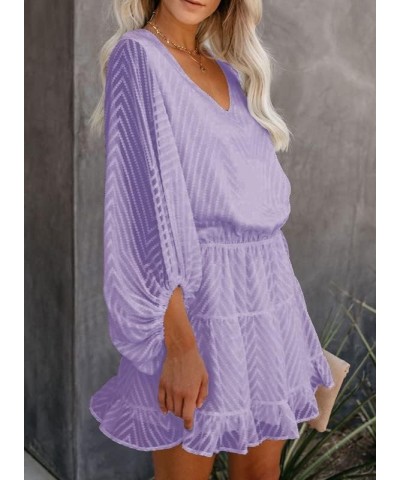 Womens Summer Spring V Neck Ruffle Chiffon Elegant Empire Waist Mini Short Swing Skater Dresses 3 Purple $20.10 Dresses