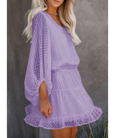 Womens Summer Spring V Neck Ruffle Chiffon Elegant Empire Waist Mini Short Swing Skater Dresses 3 Purple $20.10 Dresses