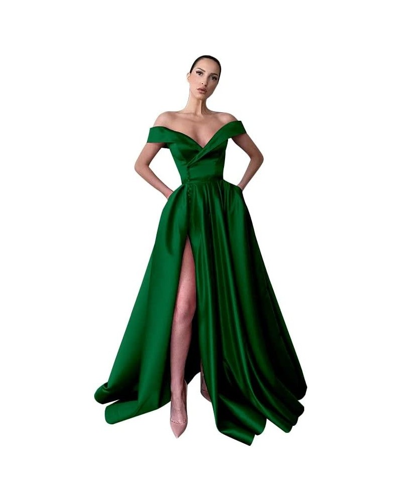 Women's Off The Shoulder Prom Dresses Long Ball Gowns Backless Slit Formal Evening Party Dress with Pockets Emerald Green $36...