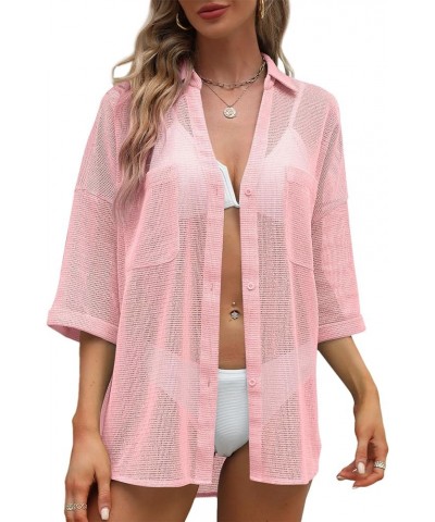 Women's Cover Up Shirt Open Front Lightweight 2023 Summer Beach Swimsuit Button Down Bathing Suit Coverup Light Pink $11.43 S...