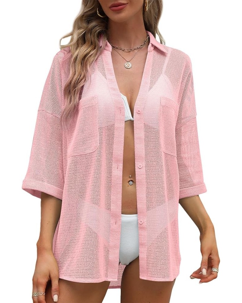 Women's Cover Up Shirt Open Front Lightweight 2023 Summer Beach Swimsuit Button Down Bathing Suit Coverup Light Pink $11.43 S...