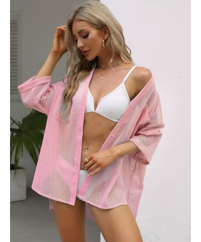 Women's Cover Up Shirt Open Front Lightweight 2023 Summer Beach Swimsuit Button Down Bathing Suit Coverup Light Pink $11.43 S...