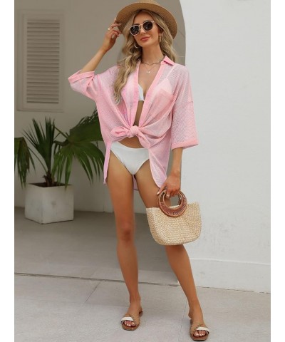 Women's Cover Up Shirt Open Front Lightweight 2023 Summer Beach Swimsuit Button Down Bathing Suit Coverup Light Pink $11.43 S...