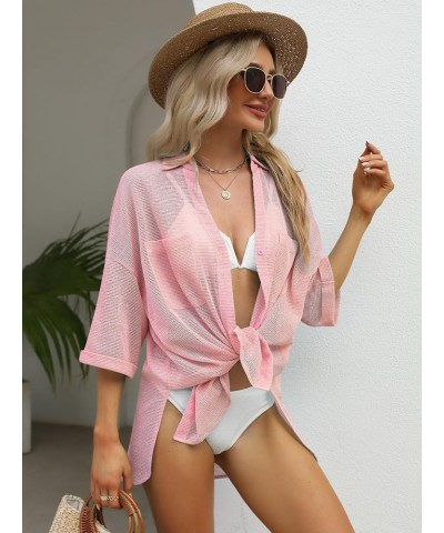 Women's Cover Up Shirt Open Front Lightweight 2023 Summer Beach Swimsuit Button Down Bathing Suit Coverup Light Pink $11.43 S...