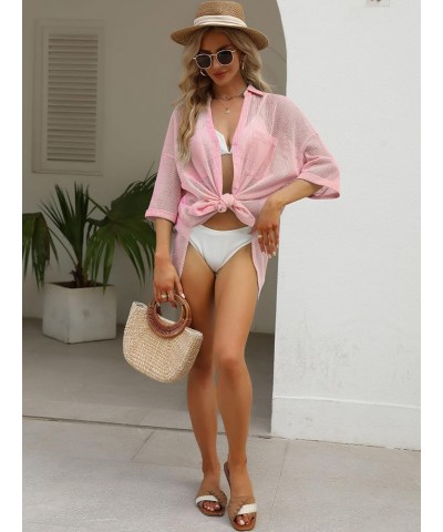 Women's Cover Up Shirt Open Front Lightweight 2023 Summer Beach Swimsuit Button Down Bathing Suit Coverup Light Pink $11.43 S...