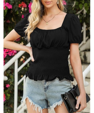 Puff Sleeve Smocked Crop Tops Women's Square Neck Frill Blouses Pullover Casual Summer T-Shirts Black $8.99 Blouses