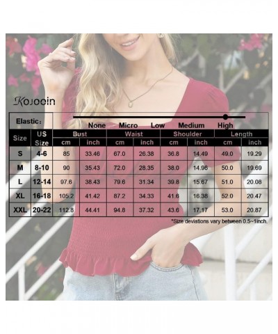 Puff Sleeve Smocked Crop Tops Women's Square Neck Frill Blouses Pullover Casual Summer T-Shirts Black $8.99 Blouses