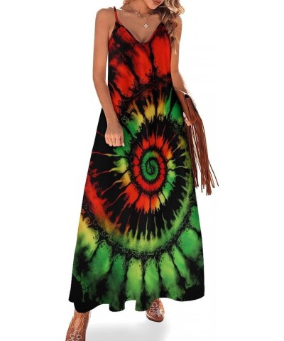 Women's Tie Dye Style Strap Maxi Dress Spiral Streak Printed Beach Dress Green $14.88 Dresses