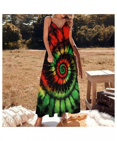 Women's Tie Dye Style Strap Maxi Dress Spiral Streak Printed Beach Dress Green $14.88 Dresses