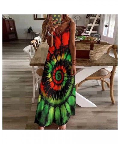 Women's Tie Dye Style Strap Maxi Dress Spiral Streak Printed Beach Dress Green $14.88 Dresses