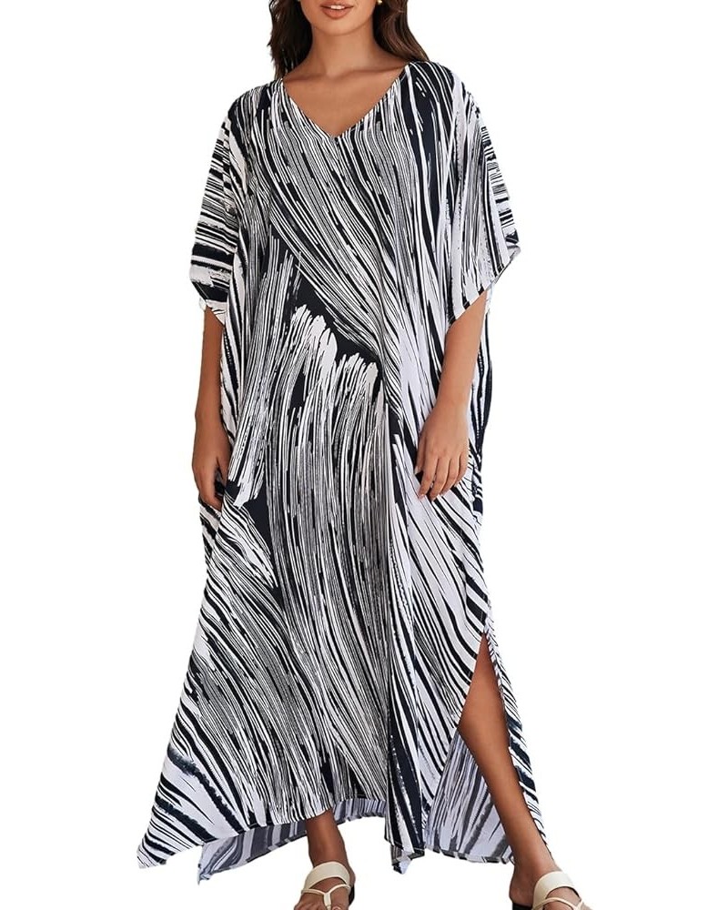 V Neck Print Kaftan Swimsuit Cover Ups for Women Plus Size Beach Caftan Dress Casual Loungewear Black White $16.20 Swimsuits