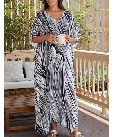 V Neck Print Kaftan Swimsuit Cover Ups for Women Plus Size Beach Caftan Dress Casual Loungewear Black White $16.20 Swimsuits