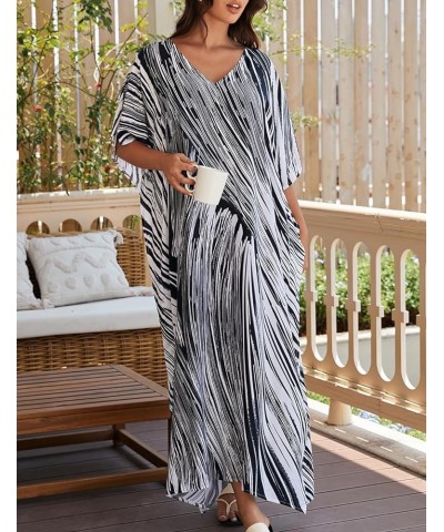 V Neck Print Kaftan Swimsuit Cover Ups for Women Plus Size Beach Caftan Dress Casual Loungewear Black White $16.20 Swimsuits