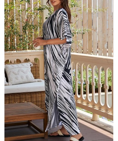 V Neck Print Kaftan Swimsuit Cover Ups for Women Plus Size Beach Caftan Dress Casual Loungewear Black White $16.20 Swimsuits