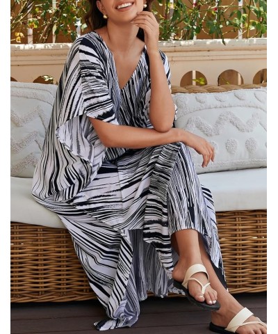 V Neck Print Kaftan Swimsuit Cover Ups for Women Plus Size Beach Caftan Dress Casual Loungewear Black White $16.20 Swimsuits