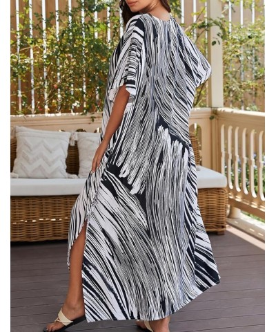 V Neck Print Kaftan Swimsuit Cover Ups for Women Plus Size Beach Caftan Dress Casual Loungewear Black White $16.20 Swimsuits