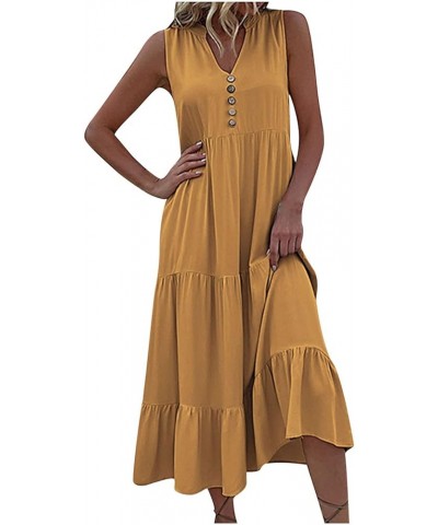 Womens Summer Casual Dresses Sleeveless Button Down Loose Beach Long Maxi Dress V Neck Ruffle Flowy Dresses A11-yellow $11.41...