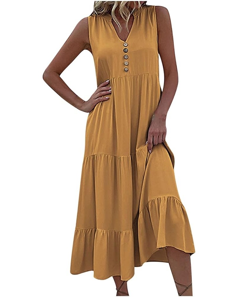 Womens Summer Casual Dresses Sleeveless Button Down Loose Beach Long Maxi Dress V Neck Ruffle Flowy Dresses A11-yellow $11.41...