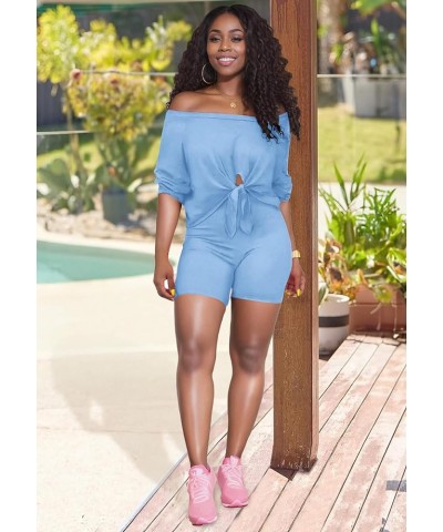 2 Piece Outfits for Women 3/4 Sleeve Off Shoulder Summer Tracksuits Tie up Top Biker Short Sets Clubwear 99-blue $15.50 Activ...