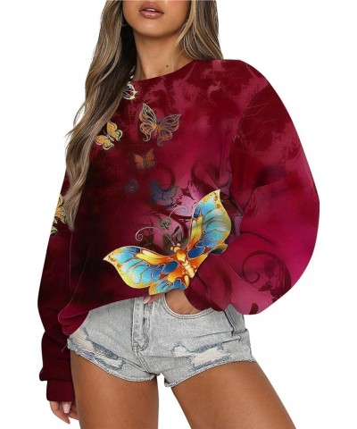 Fall Sweater Sweatshirts For Women Long Sleeve Casual Crewneck Oversized Pullover Sweatshirts Tops 2-wine $11.19 Hoodies & Sw...