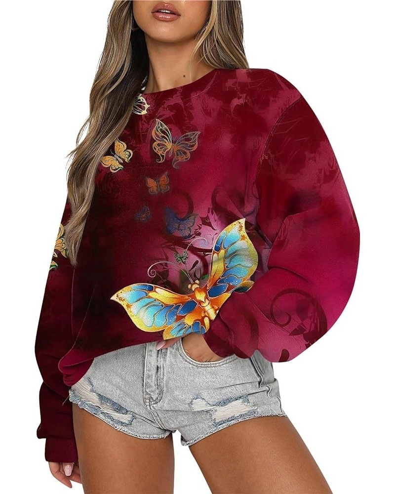 Fall Sweater Sweatshirts For Women Long Sleeve Casual Crewneck Oversized Pullover Sweatshirts Tops 2-wine $11.19 Hoodies & Sw...