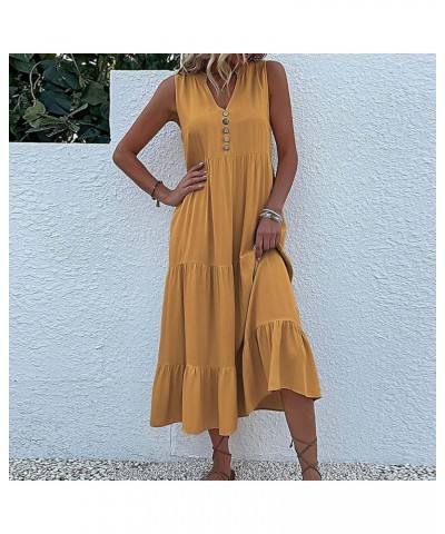 Womens Summer Casual Dresses Sleeveless Button Down Loose Beach Long Maxi Dress V Neck Ruffle Flowy Dresses A11-yellow $11.41...