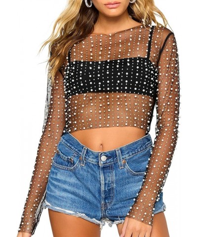 Women Sheer Mesh Pearl Crop Top See Through Long Sleeve Rhinestone Cover Up Blouse Shirt Summer Sexy Black $13.99 Swimsuits