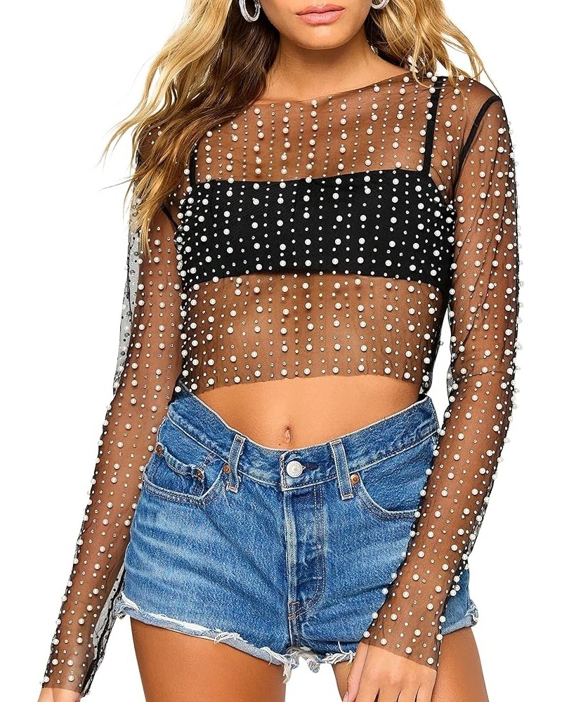 Women Sheer Mesh Pearl Crop Top See Through Long Sleeve Rhinestone Cover Up Blouse Shirt Summer Sexy Black $13.99 Swimsuits