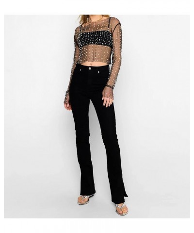 Women Sheer Mesh Pearl Crop Top See Through Long Sleeve Rhinestone Cover Up Blouse Shirt Summer Sexy Black $13.99 Swimsuits