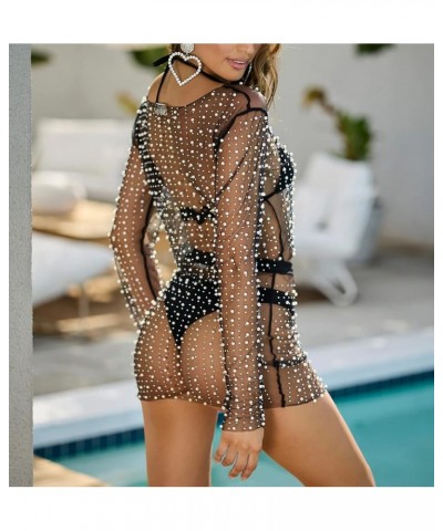 Women Sheer Mesh Pearl Crop Top See Through Long Sleeve Rhinestone Cover Up Blouse Shirt Summer Sexy Black $13.99 Swimsuits