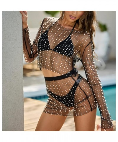 Women Sheer Mesh Pearl Crop Top See Through Long Sleeve Rhinestone Cover Up Blouse Shirt Summer Sexy Black $13.99 Swimsuits