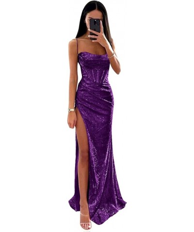 Sparkly Sequin Cocktail Prom Dress Ruch Spaghetti Straps Backless Mermaid Corset Formal Evening Party Gown Purple $28.20 Dresses