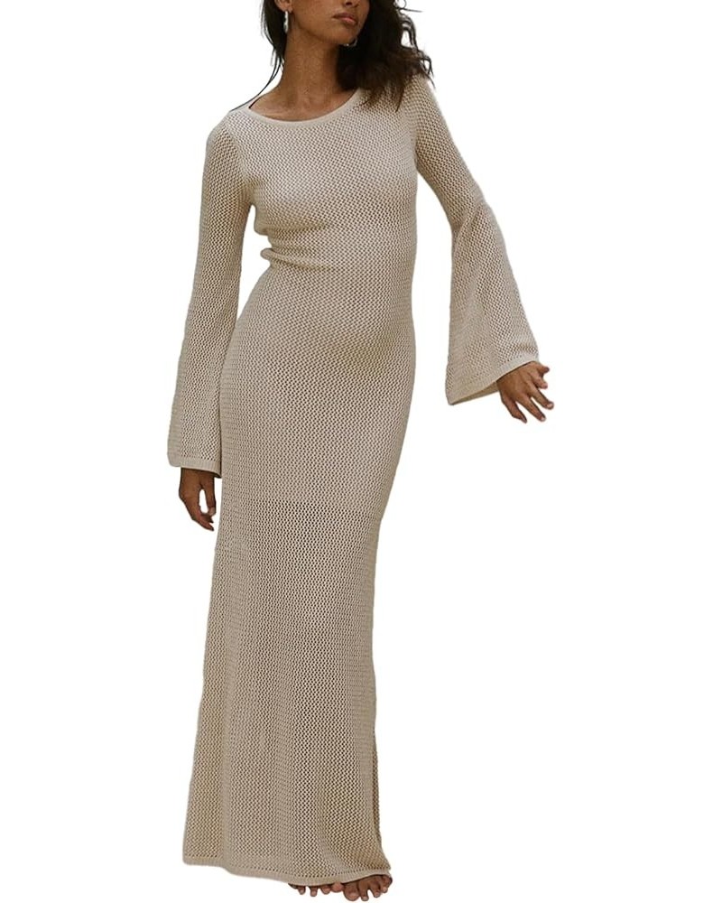 Women Casual Knitted Maxi Dress Solid Color Long Sleeve Round Neck Ribbed Long Dress Elegant Party Knit Dress Ze-white $14.76...