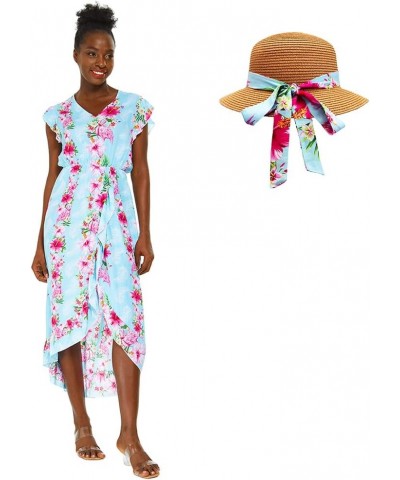 Women's Hawaiian Luau Wrap Ruffle Dress in Hibiscus Vine Pink Turquoise Hibiscus Vine + Hat $20.50 Dresses