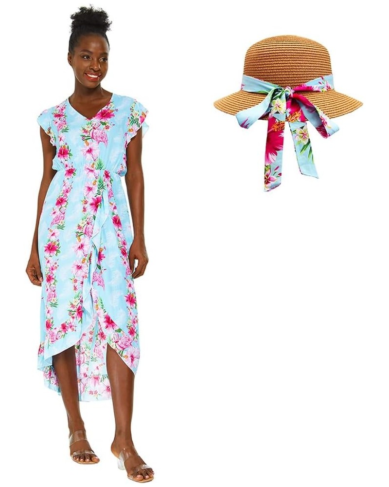 Women's Hawaiian Luau Wrap Ruffle Dress in Hibiscus Vine Pink Turquoise Hibiscus Vine + Hat $20.50 Dresses