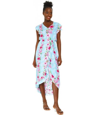 Women's Hawaiian Luau Wrap Ruffle Dress in Hibiscus Vine Pink Turquoise Hibiscus Vine + Hat $20.50 Dresses