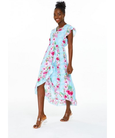 Women's Hawaiian Luau Wrap Ruffle Dress in Hibiscus Vine Pink Turquoise Hibiscus Vine + Hat $20.50 Dresses