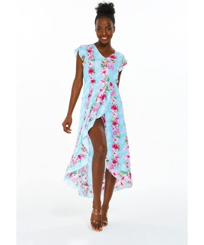 Women's Hawaiian Luau Wrap Ruffle Dress in Hibiscus Vine Pink Turquoise Hibiscus Vine + Hat $20.50 Dresses