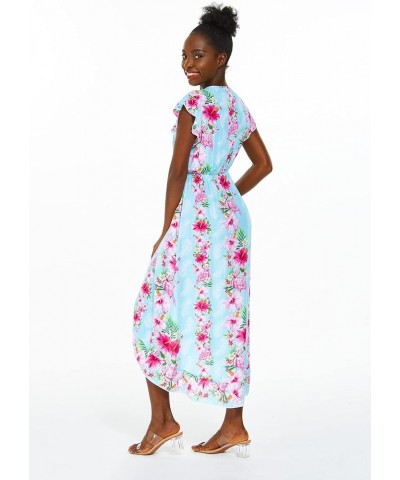 Women's Hawaiian Luau Wrap Ruffle Dress in Hibiscus Vine Pink Turquoise Hibiscus Vine + Hat $20.50 Dresses