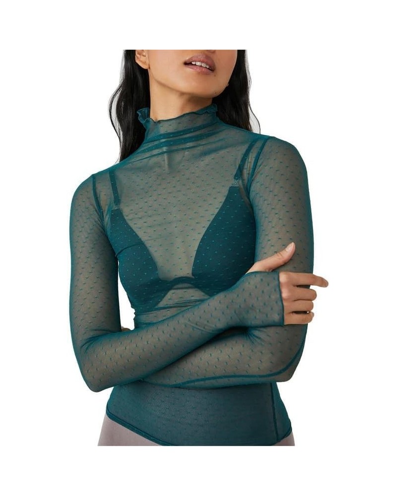 Women Sheer Lace Long Sleeve Crop Top Sexy Mesh See Through Slim Fit T Shirt Y2k Trendy Streetwear A21-emerald Green-a7 $6.47...