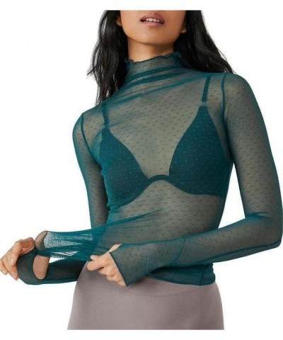 Women Sheer Lace Long Sleeve Crop Top Sexy Mesh See Through Slim Fit T Shirt Y2k Trendy Streetwear A21-emerald Green-a7 $6.47...