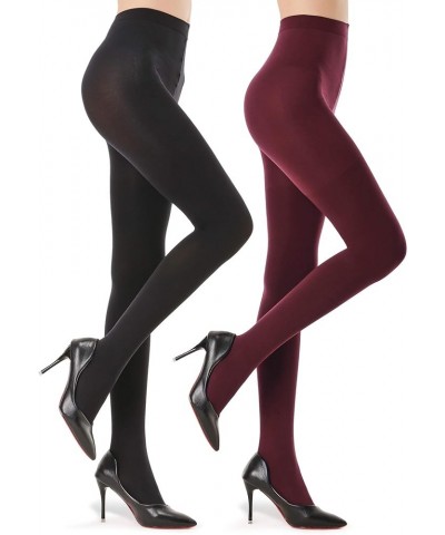 2 Pairs Semi Opaque Tights for Women - 70D Microfiber Control Top Pantyhose Black & Burgandy $13.80 Socks