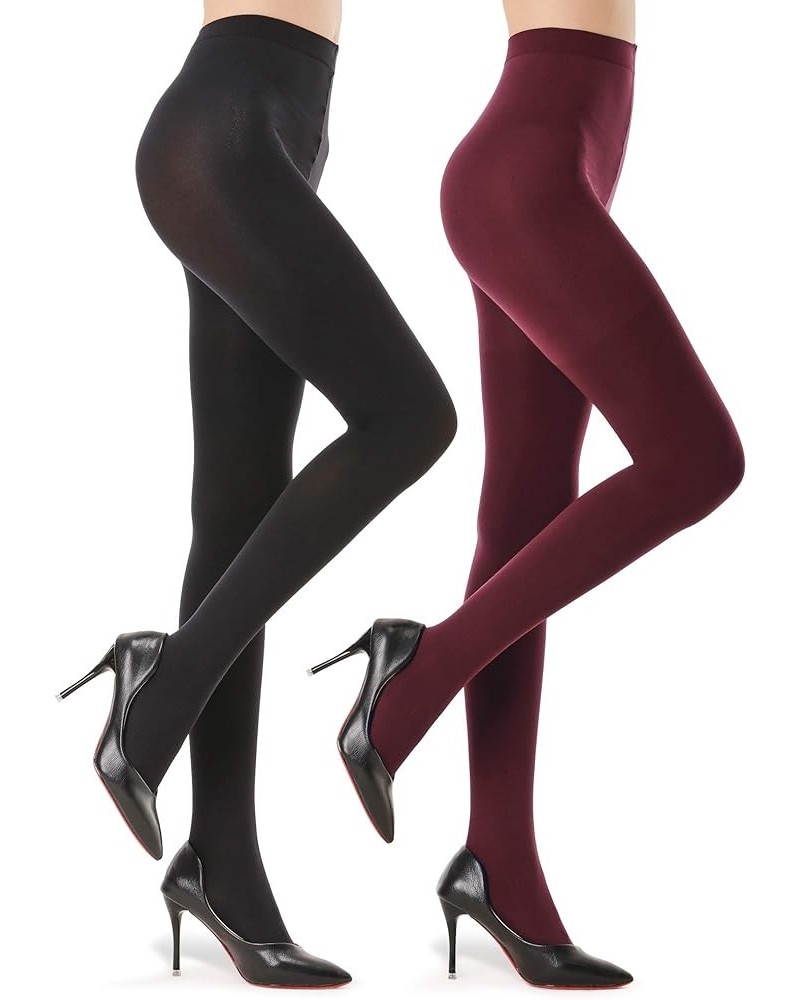 2 Pairs Semi Opaque Tights for Women - 70D Microfiber Control Top Pantyhose Black & Burgandy $13.80 Socks