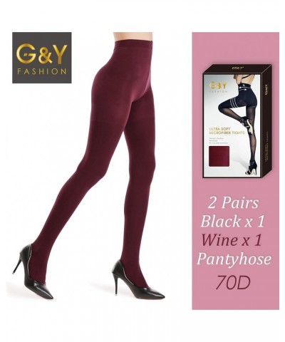 2 Pairs Semi Opaque Tights for Women - 70D Microfiber Control Top Pantyhose Black & Burgandy $13.80 Socks