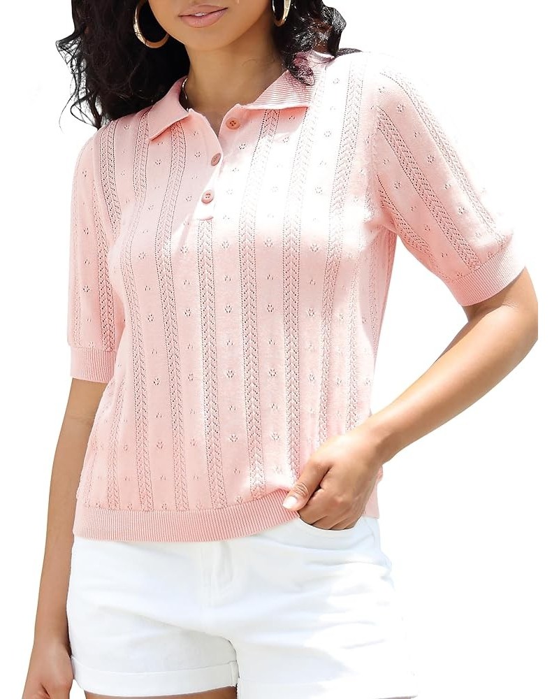 Women's V Neck Polo Shirt Short Sleeve Collared Tops Casual Knit Button Polo T-Shirt Pink $19.79 Shirts