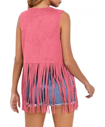 Womens Fringe Vest 70s Hippie Costume Sleeveless Cowgirl Western Faux Suede Tassel Leather Outerwear Pink $23.99 Others